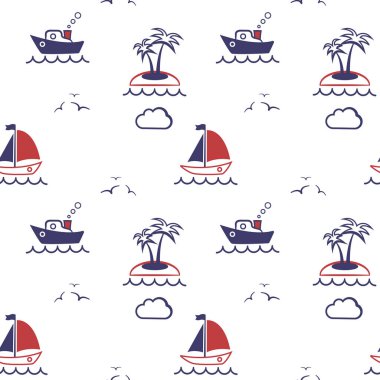 Çocuksu, pürüzsüz deniz teması. İllüzyon, duvar ustası, tekstil ve doku tasarımı için harika. Çocuk tasarımı, kumaş, ambalaj, giysi.