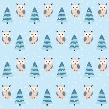 Kışın baykuşlarda kusursuz desenler, noel desenleri. Duvar kâğıdı, tekstil ve doku tasarımı için el çizimi harika. Çocuk tasarımı, kumaş, ambalaj, giysi.