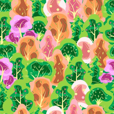 Yaz ormanı pürüzsüz desen. El çizimi vektör çizimi tekstil ve doku tasarımı için harika, kumaş, ambalaj, giysi.