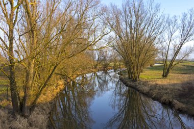 Wittenberge, Brandenburg yakınlarındaki Locknitz nehri. Öğleden sonra sıcacık bir ışıkta hoş, sessiz bir atmosfer. Bir sırada ağaçlar var..