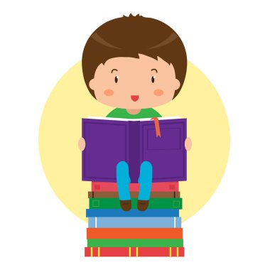 Bir çocuk bir yığın kitap üzerinde oturan ve bir kitap okuma