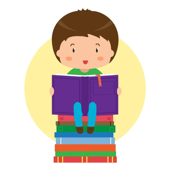 Ein Junge Sitzt Auf Einem Stapel Bücher Und Liest Ein — Stockvektor