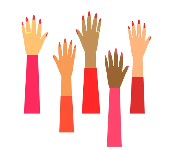 Χέρια Διαφόρων Γυναικών Υψώνονται Λευκό Φόντο Εικονογράφηση Διανύσματος — Διανυσματικό Αρχείο