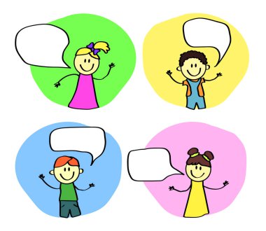 Arka planda konuşan mutlu çocuklar. Çizgi film. Vektör illüstrasyonu.