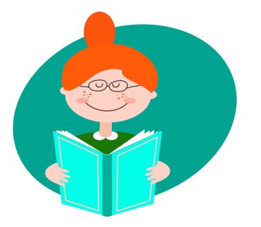 Kız arka planda bir kitap okuyor. Vektör illüstrasyonu.