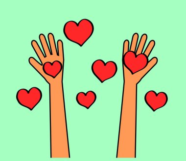 Eller ve kalpler mavi arka planda. Vektör illüstrasyonu.