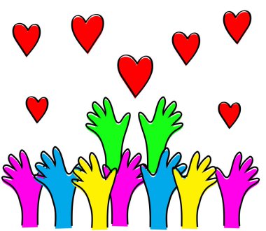 Çeşitli insanların elleri beyaz bir arka planda yükselir. Vektör illüstrasyonu.