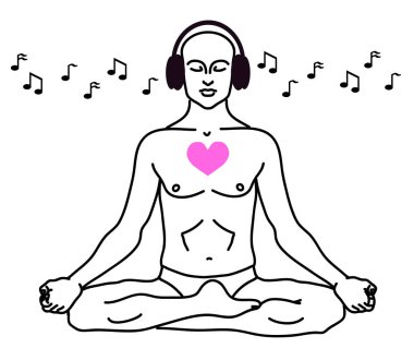 Bir adam lotus pozisyonunda oturur ve müzik dinler. Beyaz arka planda siluet. Vektör illüstrasyonu.