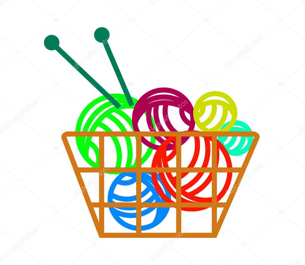 Balls of thread in a basket. Knitting on a white background. Vector illustration.