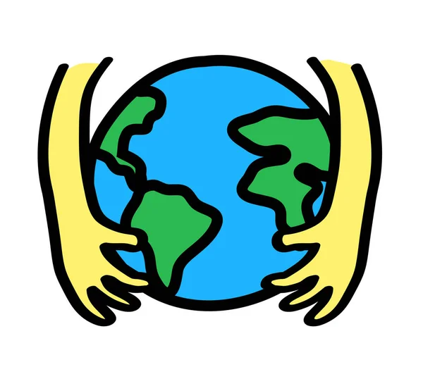 Händerna Och Planeten Jorden Och Planeten Vit Bakgrund Miljöskydd Vektorillustration — Stock vektor