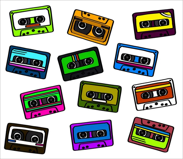 Collezione Cassette Retrò Fondo Bianco Illustrazione Vettoriale — Vettoriale Stock