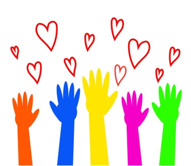 Beyaz arka planda farklı eller ve kalplerden oluşan bir kalabalık. Vektör illüstrasyonu.