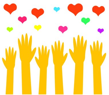 Beyaz arka planda bir grup el ve kupa. Vektör illüstrasyonu.