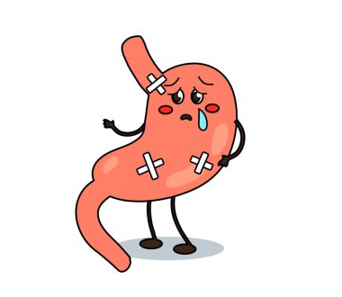  Beyaz arka planda hasta bir mide. Çizgi film. Vektör illüstrasyonu.