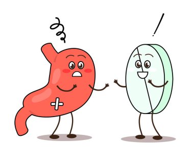 Beyaz arka planda hasta mide ve hap. Vektör illüstrasyonu.