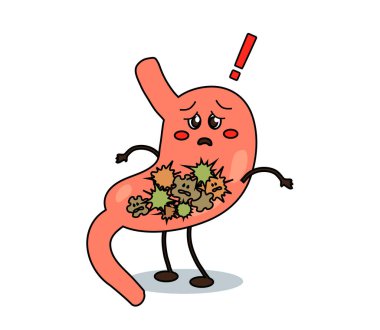 Beyaz arka planda hasta bir mide. Toksinler. Vektör illüstrasyonu.