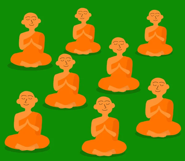 Βουδιστές Μοναχοί Πράσινο Φόντο Γελοιογραφία Εικονογράφηση Διανύσματος — Διανυσματικό Αρχείο