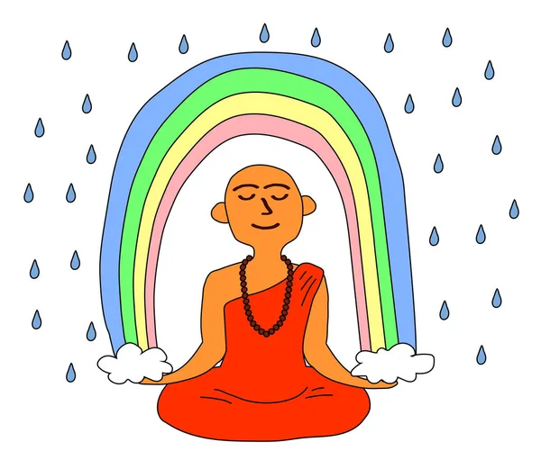 Βουδιστής Μοναχός Και Ουράνιο Τόξο Λευκό Φόντο Γελοιογραφία Εικονογράφηση Διανύσματος — Διανυσματικό Αρχείο