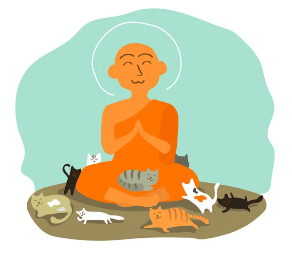 Буддийский Монах Кошки Синем Фоне Векторная Иллюстрация — стоковый вектор
