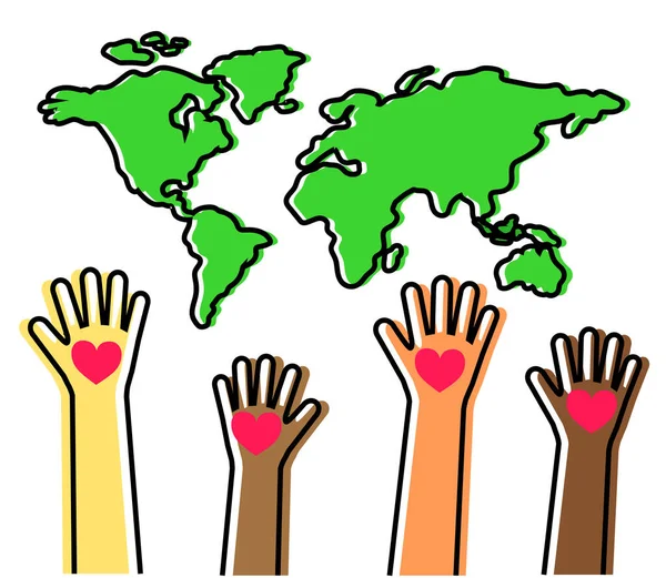 Hands Various People Raised World Map White Background Vector Illustration — Stock Vector