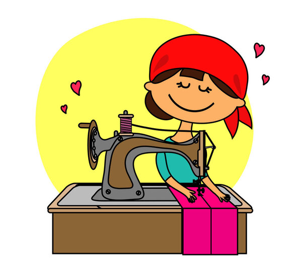 Милая швея работает на швейной машинке. Векторная иллюстрация
.