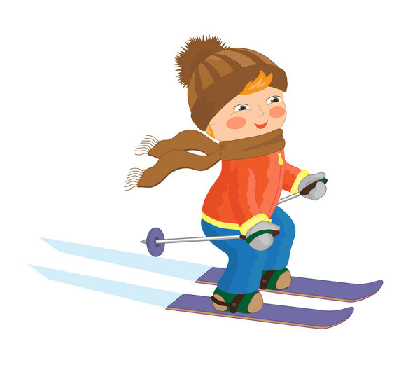 Little boy is skiing. Cartoon. Vector illustration.