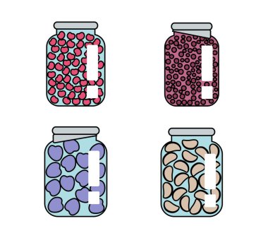 Beyaz arka planda meyve kompostosu olan kavanozlar. Tahsilat. Vektör illüstrasyonu.