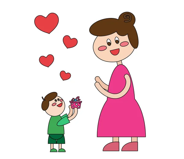 Boy Gives Gift His Mother Cartoon Vector Illustration — Stock Vector