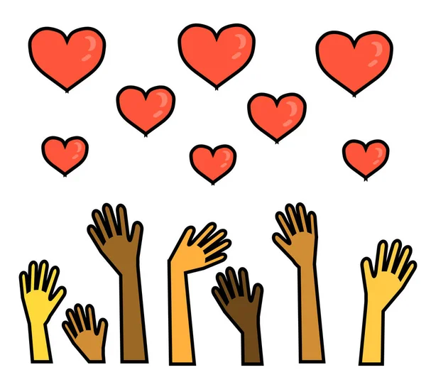 Mãos Pessoas Diferentes São Levantadas Coração Vermelho Multidão Ilustração —  Vetores de Stock