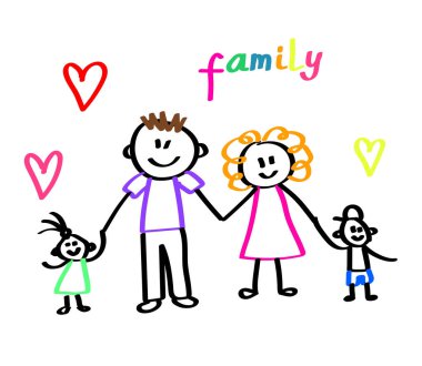 Beyaz arka planda mutlu bir aile. Bir çizim. Vektör illüstrasyonu.