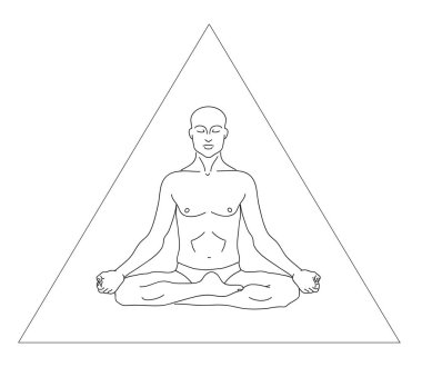 Bir adam beyaz bir arka plan üzerinde meditasyon yapıyor. Doğrusal siluet. Vektör illüstrasyonu.