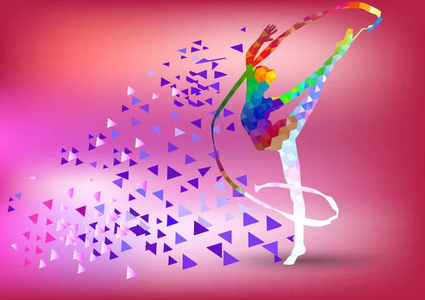Kreativa silhuetten av gymnastiska flicka. Konst gymnastik med band, färgglada vektorillustration med bakgrund eller banner mall i trendiga abstrakta färgstarka polygonstil — Stock vektor