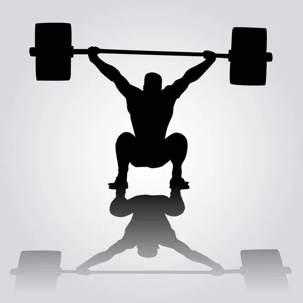 Weightlifter is sitting with barbell. Snatch. silhouette of athlete doing snatch exercise. weightlifting. — Stock Vector