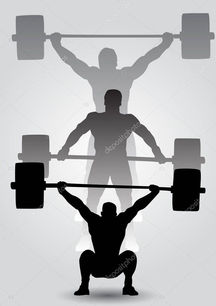 Weightlifter is sitting with barbell. Snatch. three silhouettes of athletes doing snatch exercise. weightlifting.