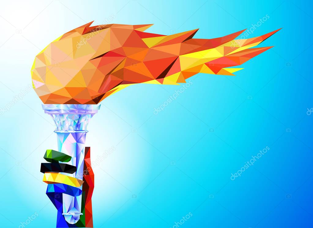 Torch, Flame.  A hand from the Olympic ribbons holds the Cup with a torch on a blue background in a geometric triangle of XXIII style Winter games. vector illustration