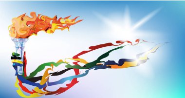 Meşale, alev. Olimpiyat şeritler bir eli Kupası tutar