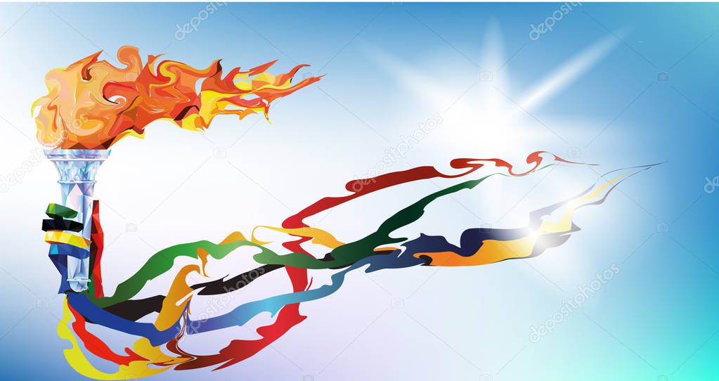 Illustration Torch, Flame. A hand from the Olympic ribbons holds the Cup with a torch on a blue background in a geometric triangle of XXIII style Winter games
