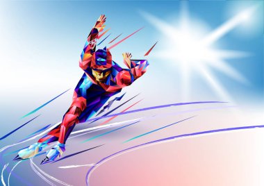 Vektör illüstrasyon mavi arka planda XXIII stil kış oyunları ve geometrik bir üçgen. Olimpiyat speedskater atlet hız pateni Buz salondan üçgen siluet