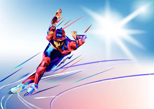 Ilustração vetorial fundo azul em um triângulo geométrico de estilo XXIII Jogos de Inverno. Olympic speedskater atleta velocidade patinação gelo arena de silhueta triângulo — Vetor de Stock