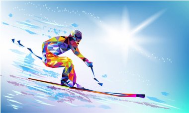 Genç bir adam ile bir beyaz ve mavi arka plan üzerinde snowboard poligonal renkli rakam. Vektör illüstrasyon mavi arka planda geometrik bir üçgen XXIII stil kış oyunları