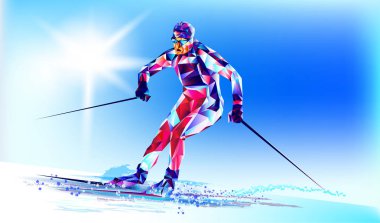 Genç adam kayaklar beyaz zemin üzerinde sürme kış, Olimpiyat. Vektör çizim üçgen tarzı. Vektör çizim geometrik bir üçgen içinde XXIII stil Kış Olimpiyatları