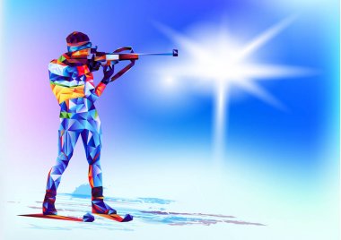 The polygonal colourful figure of a rifleman with a rifle, biathlon with on a white and blue background. Vector illustration blue background in a geometric triangle of XXIII style Winter games clipart