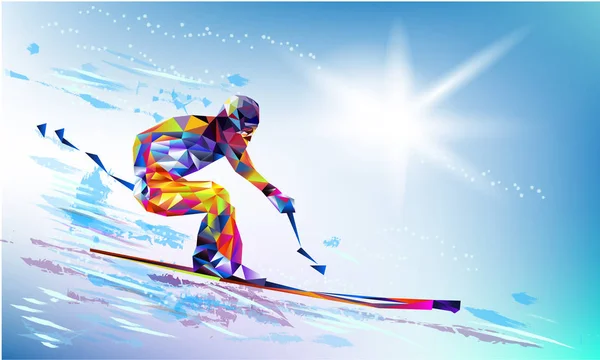 Wielokątne Kolorowy Rysunek Młodego Człowieka Jazda Snowboardzie Tle Biało Niebieskie — Wektor stockowy