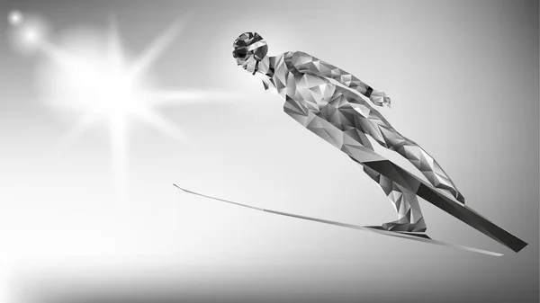Figure Polygonale Colorée Jeune Homme Ski Jumping Sur Fond Blanc — Image vectorielle