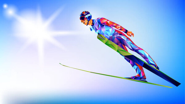 The polygonal colorful figure of a young man Ski Jumping with on a white and blue background. Vector illustration blue background in a geometric triangle of XXIII style Winter games