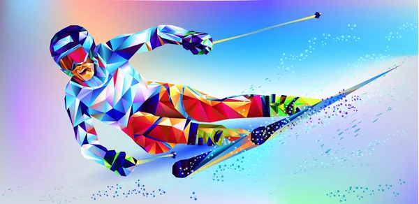 Colorida Figura Poligonal Joven Snowboard Sobre Fondo Blanco Azul Ilustración — Archivo Imágenes Vectoriales