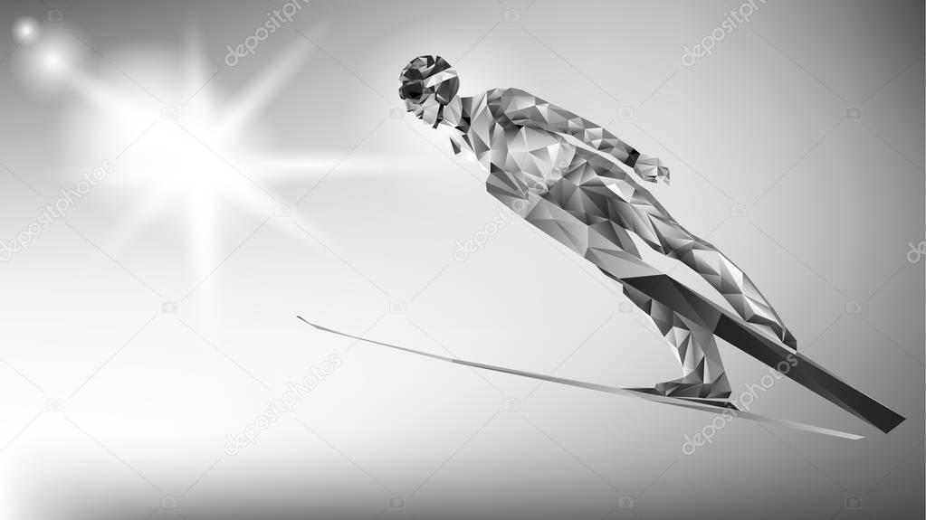 The polygonal colorful figure of a young man Ski Jumping with on a white and blue background. Vector illustration blue background in a geometric triangle of XXIII style Winter games