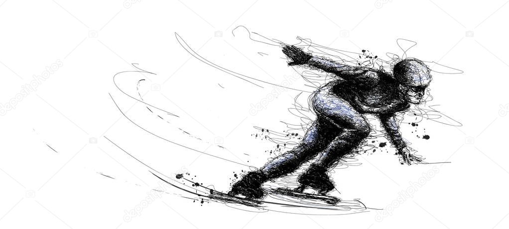 Vector scribble illustration in scribble skiing of XXIII style Winter games. Olympic speedskater athlete speed skating ice arena from triangle silhouette