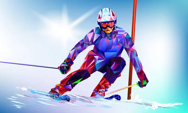 一个年轻男子的多边形五颜六色的身影在白色和蓝色的背景下滑雪 二十三年式冬季运动会几何三角形中的矢量插图蓝色背景 — 图库矢量图片