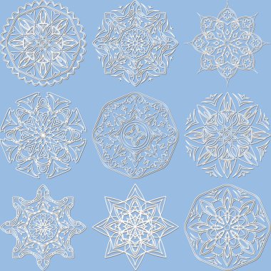 Vektör dekoratif öğeler mandala, kar taneleri kümesi.